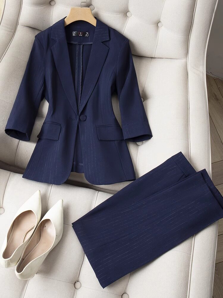 条纹七分袖西装套装女薄款夏季高端职业装气质酒店前台经理工作服