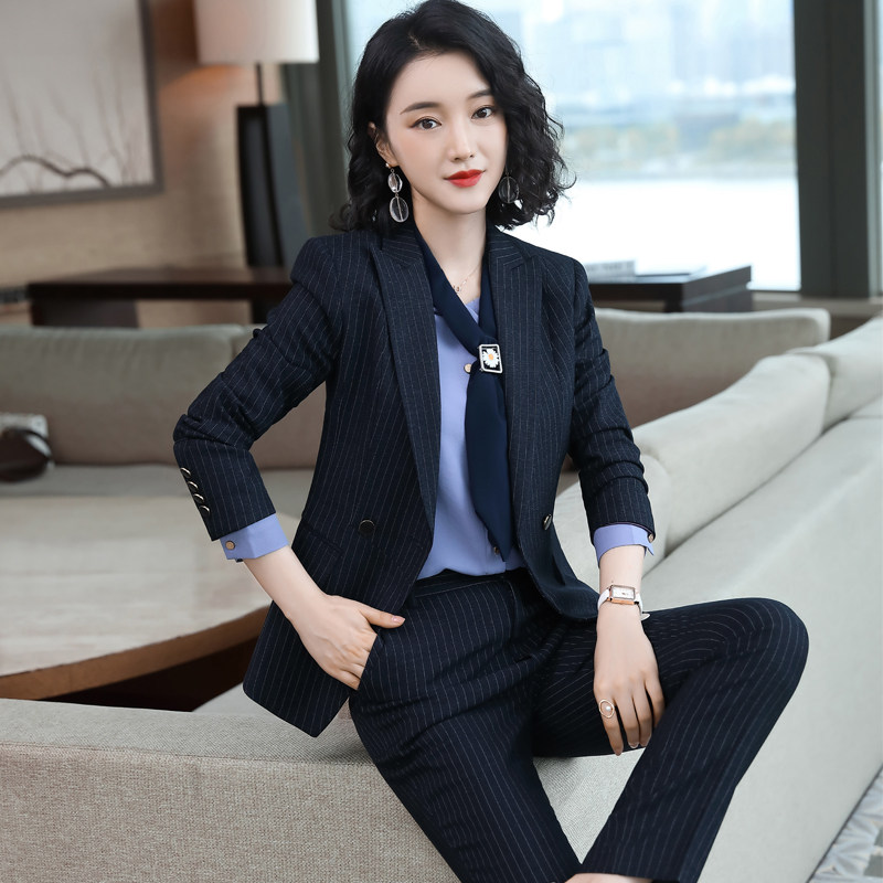 酒店领班经理工作服秋冬装气质新款条纹职业装女套装西装空姐制服