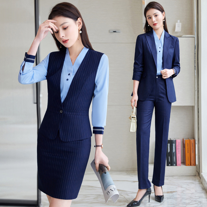 空姐职业套装女春秋长袖酒店珠宝前台美容工作服条纹西装马甲套裙