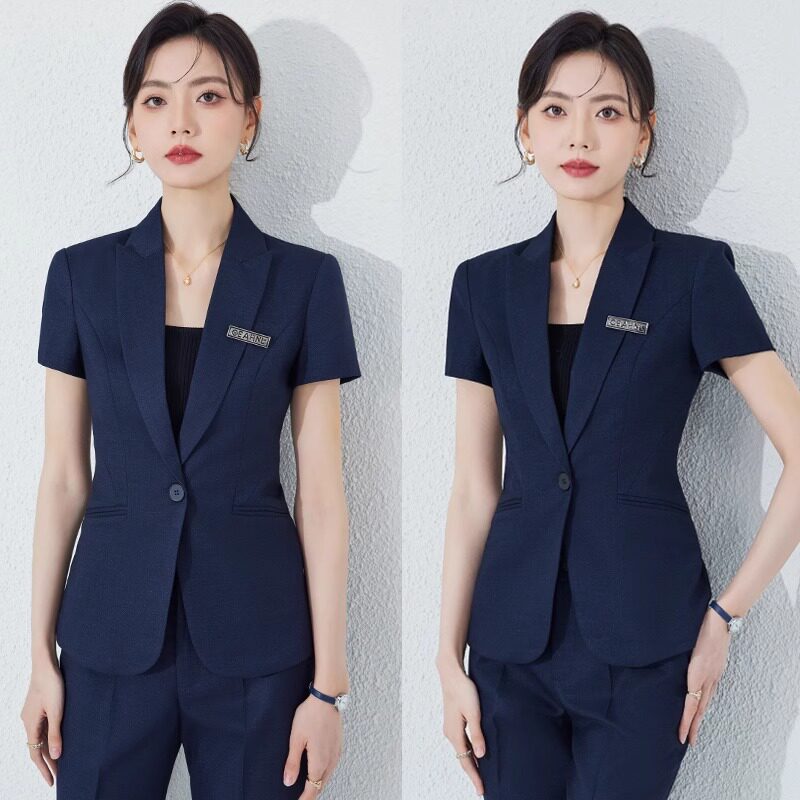 藏蓝色短袖西装套装女夏季修身气质正装珠宝店工装酒店经理工作服