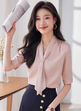 雪纺衬衫女短袖2024新款夏装高级感通勤上衣OL职业衬衣套装工作服