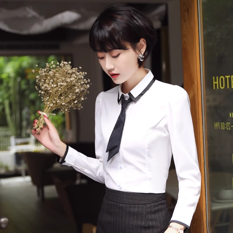 美容院酒店前台修身工作服衬衫女职业装女装白色长袖打底衫工装OL