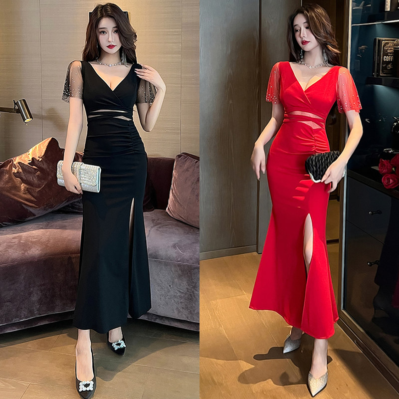 夜总店晚礼服夏新款气质性感低胸V领网纱拼接短袖长裙红色连衣裙