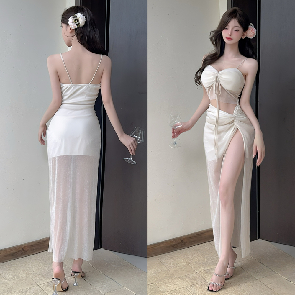 2025夏季海边度假裙新款绝美网红气质白色长裙性感露肩吊带连衣裙