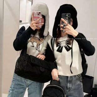 LOOK PACER 25N滑雪季 童趣刺绣小鹿提花圆领套头拼色针织毛衣女