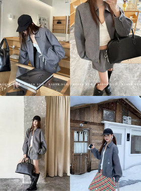 KIOSK SUO 25FW灰色系慵懒感翻领毛呢拉链夹克外套/抽绳短裙女