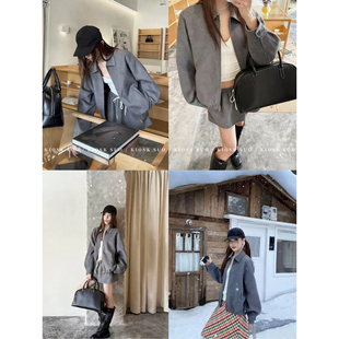 KIOSK SUO 25FW灰色系慵懒感翻领毛呢拉链夹克外套/抽绳短裙女