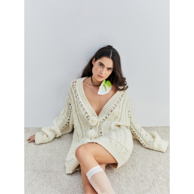 毛球麻花编织羊毛毛衣开衫外套