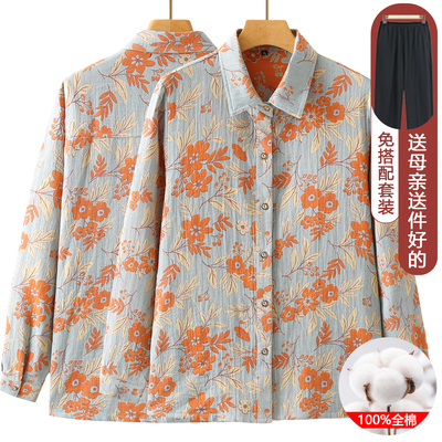 老年妈妈100%纯棉长袖衬衫