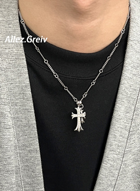 自制锆石十字架吊坠钛钢男生项链欧美街头百搭高级感小众情侣配饰