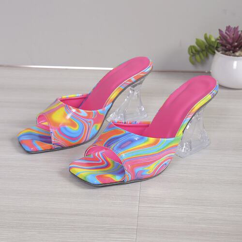 Heels sandals slippers欧美跨境方头流行大码鞋高跟彩色凉拖鞋女