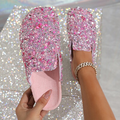 women flat slippers beach shoes plus size 45大码女亮片半拖鞋