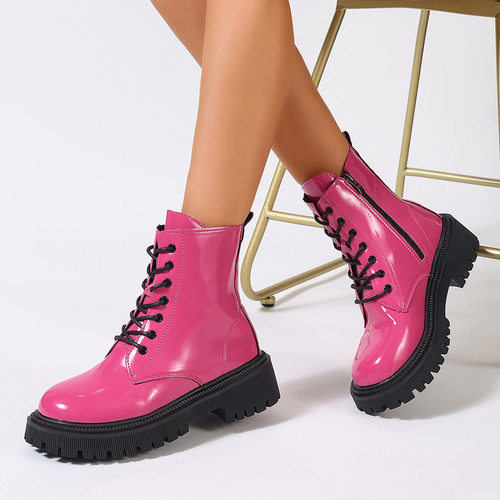 Patent Leather Lace-up Mid-calf Boots漆皮厚底系带中筒骑士靴
