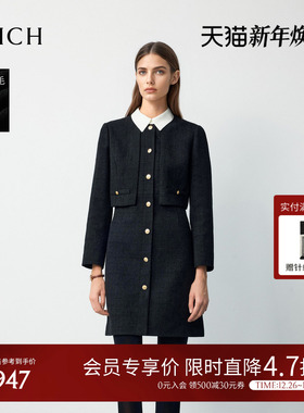 PRICH时尚绵羊毛小香风撞色翻领假两件连衣裙2025冬季新款裙子女