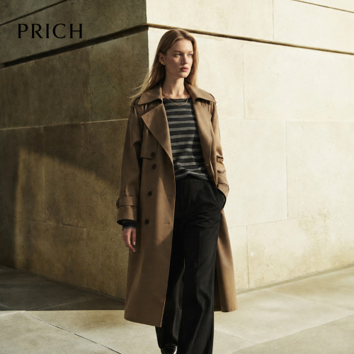 PRICH时尚英伦风双排扣收腰系带风衣2026早秋新款通勤长外套女