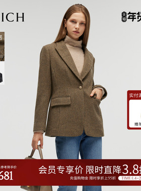 【美丽诺羊毛】PRICH时尚格纹美拉蓝西装冬季新款收腰外套女