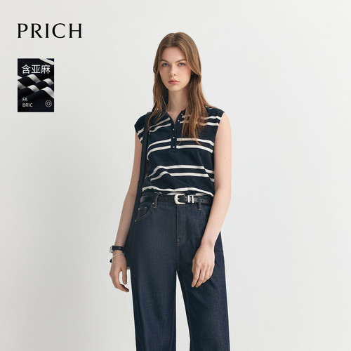 PRICH简约棉麻混纺polo领条纹无袖针织衫2026夏季新款休闲上衣女