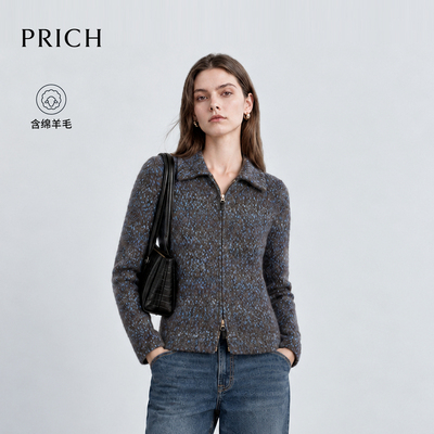 【预售】PRICH复古慵懒花纱翻领拉链针织开衫2026冬季新款毛衣外
