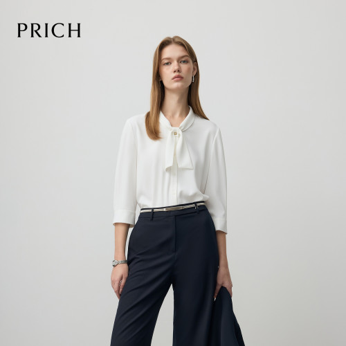 PRICH简约气质飘带领长袖白衬衫秋季新款宽松通勤雪纺衫女