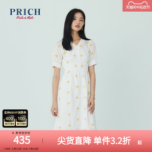 PRICH夏款 气质优雅V领花朵刺绣设计减龄连衣裙