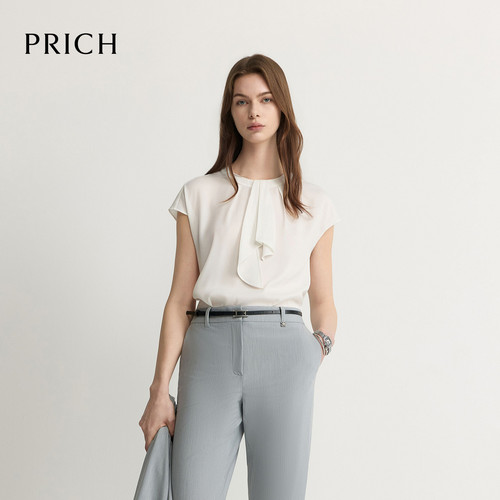 PRICH时尚飘带圆领肌理感包肩短袖衬衫2026夏季新款气质上衣女