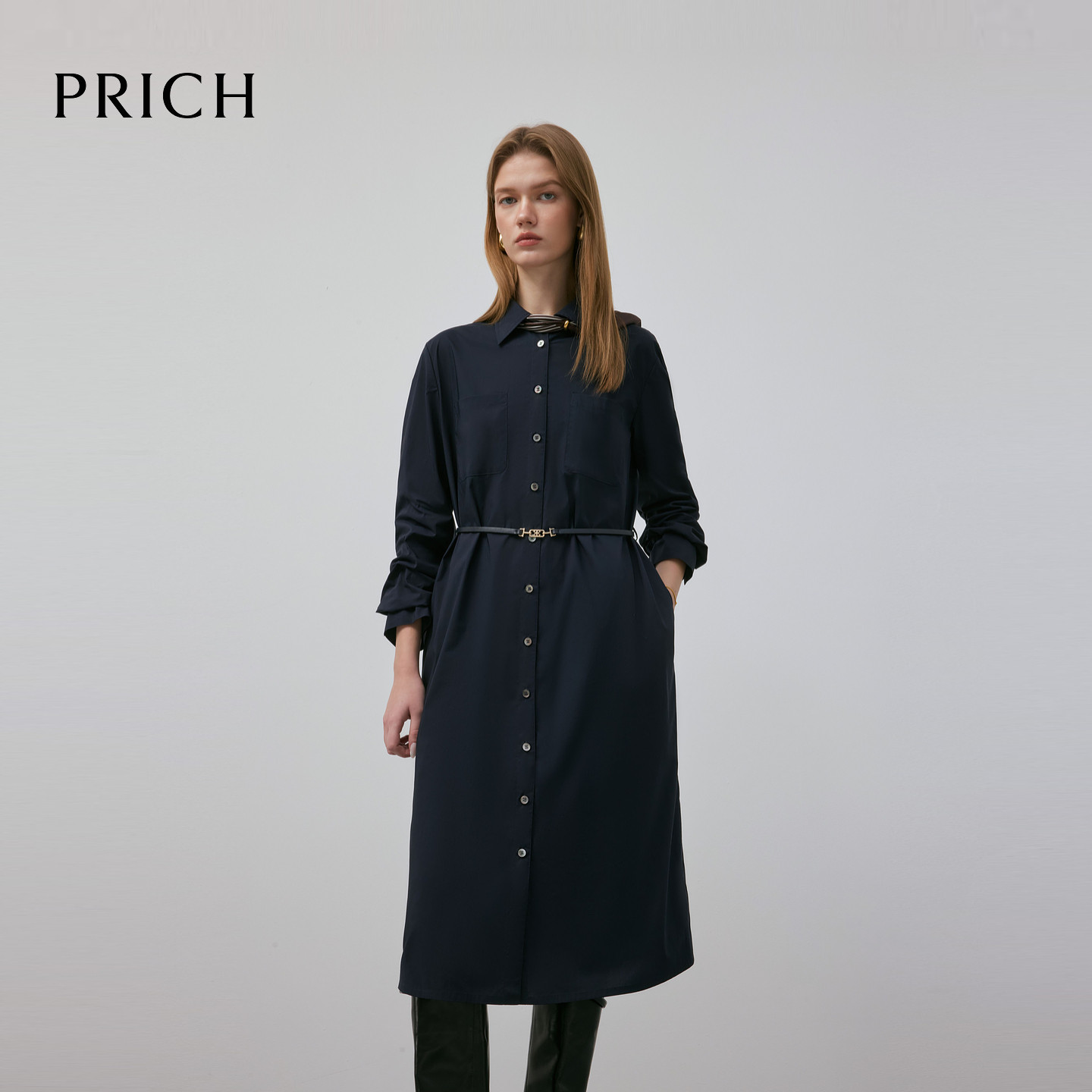 PRICH复古气质翻领衬衫式连衣裙春季收腰显瘦通勤长裙女