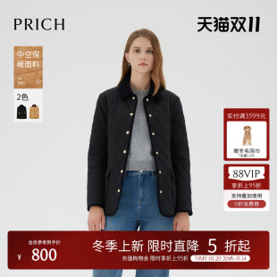 复古灯芯绒拼接保暖菱格棉服2025冬新款 PRICH时尚 女 中空保暖