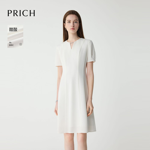 【醋酸】PRICH淡人气质V领短袖连衣裙夏季收腰通勤白色长裙子女