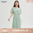 PRICH连衣裙春款 v领不对称荷叶边叠褶雪纺腰带h廓型裙子
