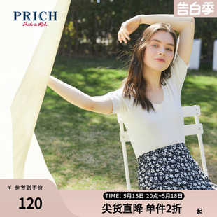 丝巾领短袖 PRICH针织衫 显瘦气质百搭小众设计感时尚 女 修身 打底衫