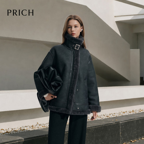 PRICH复古酷感雾面大翻领仿麂皮毛绒短外套2026冬新款保暖夹克女