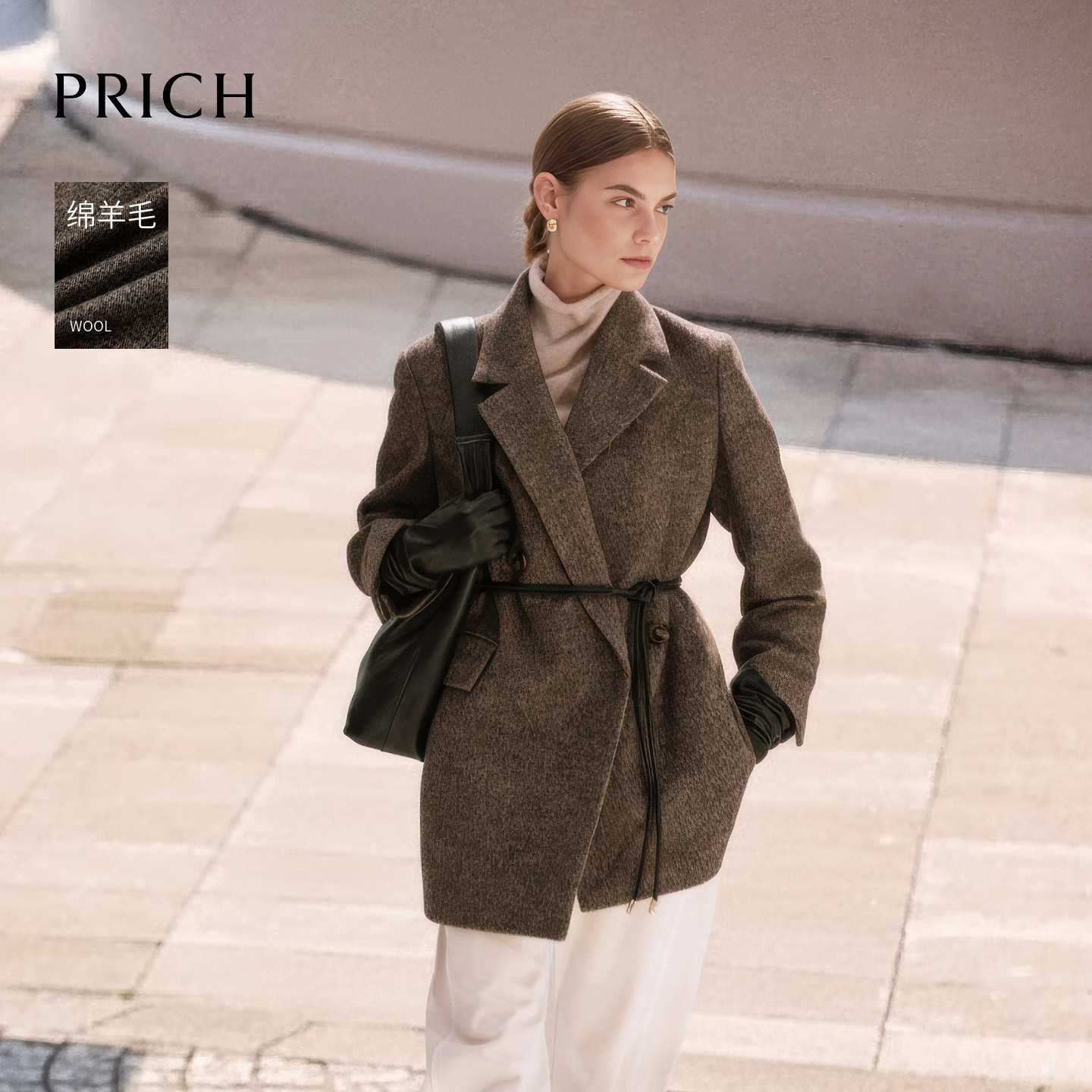【绵羊毛】PRICH时尚花纱西装毛呢大衣冬宽松中长外套女