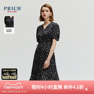 淑女长裙 PRICH海洋风优雅印花泡泡袖 雪纺连衣裙黑色V领2024夏新款