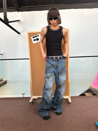 FEAR4FREE 多口袋立体工装裤做旧水洗重工廓形脏染牛仔裤长裤男女