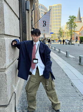 FEAR4FREE 24ss设计师款大阔廓形版型垫肩条纹西装高级感西服外套