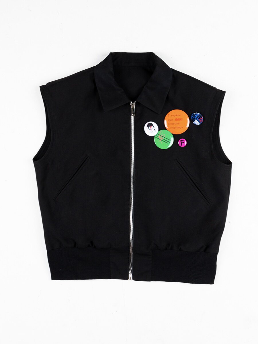 FEAR4FREE GENDERLESS ORIGINAL DESIGN HERRINGBONE PADDED SHOULDERS SLEEVELESS JACKET SILHOUETTE ZIPPER LOOSE BADGE VEST