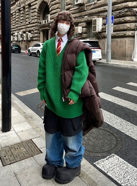 FEAR4FREE绿色V领重磅oversize男女同款上衣针织衫衣长袖毛衣男