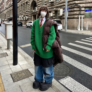 FEAR4FREE绿色V领重磅oversize男女同款上衣针织衫衣长袖毛衣男