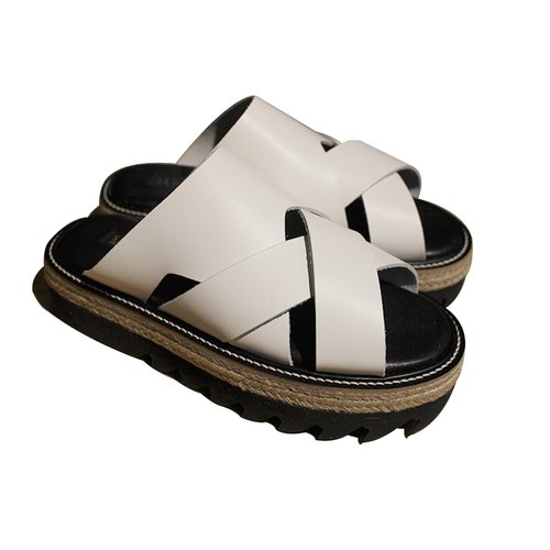 白色松糕底牛皮露趾高跟拖鞋凉鞋