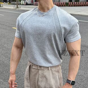 重磅液氨太空棉重磅拼接运动短袖 口显壮 男健身透气T恤男 收袖