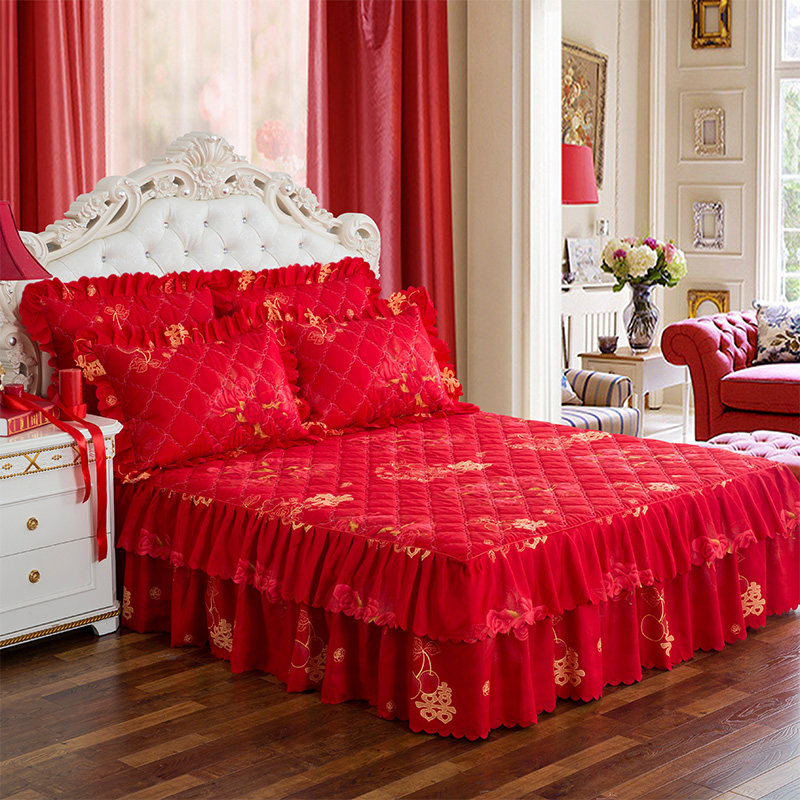 韩式夹棉加厚床裙式床裙四件套公主床罩保护套1.5/1.8/2.0m米