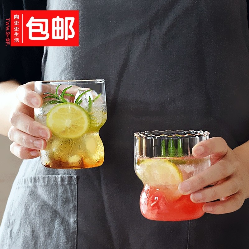 陶歪歪 ins竖纹耐热玻璃杯薄款牛奶咖啡杯胖嘟嘟复古水杯果汁杯子