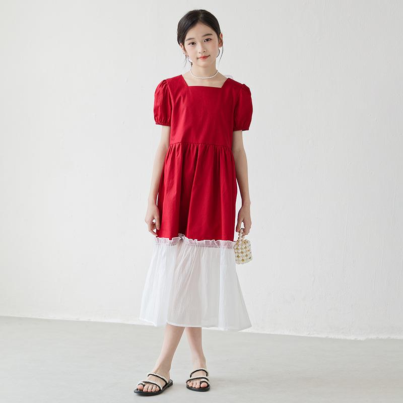 2袖0252501中夏季女童童装连衣裙红短色拼接鱼尾长裙大童甜美童裙