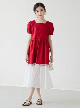 2袖0252501中夏季女童童装连衣裙红短色拼接鱼尾长裙大童甜美童裙