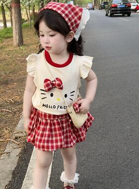咸xia7650七女童柠卡通装女宝宝洋半气可爱上衣格子身套裙套装