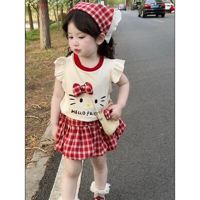 咸xia7650七女童柠卡通装女宝宝洋半气可爱上衣格子身套裙套装