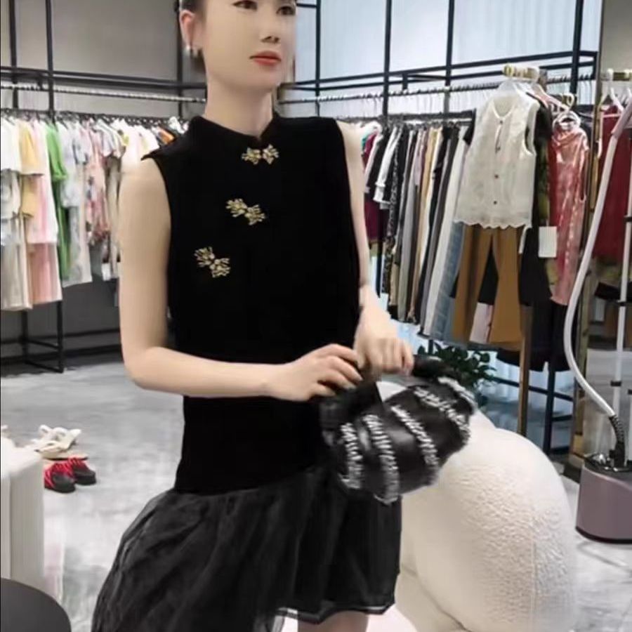 设计感新中式立领黑色连衣裙女夏季小个子超好看减龄拼接网纱短裙