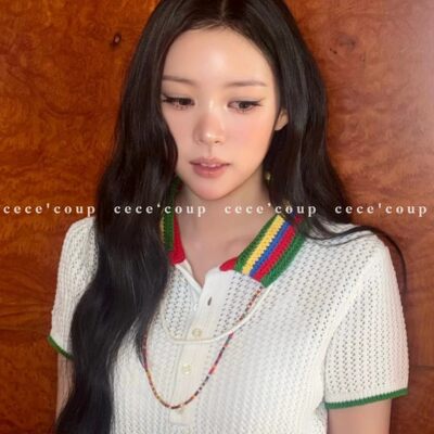 彩虹翻领镂空薄款针织衫