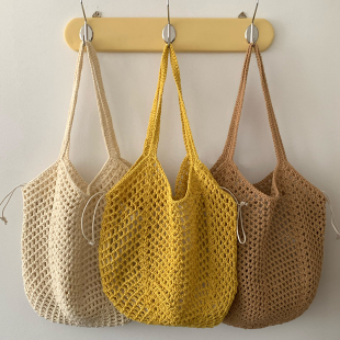慵懒风棉线单肩包女沙滩度假镂空手提包时尚 文艺托特包