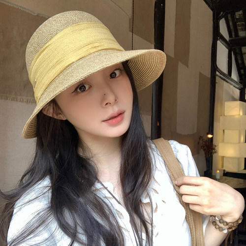 撞色布带蝴蝶结草编渔夫帽女